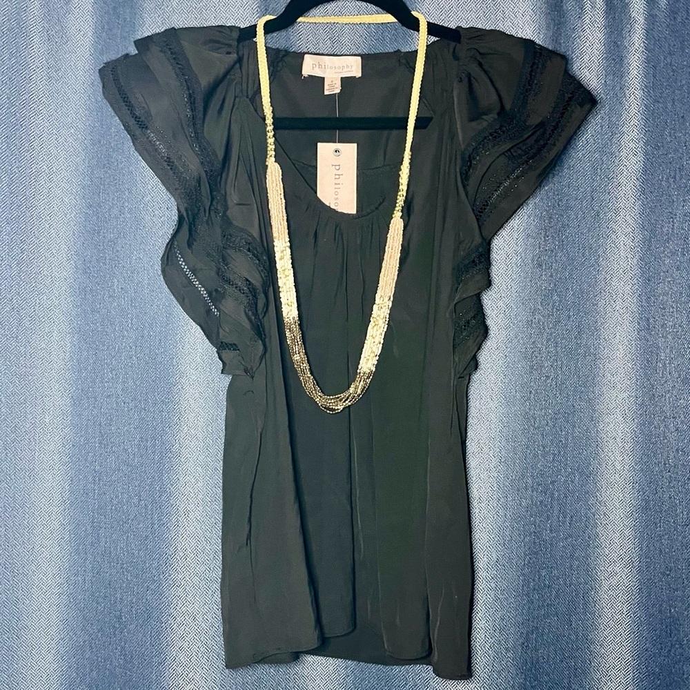 Philosophy V-neck blouse with double layered wavy cap sleeves in black.